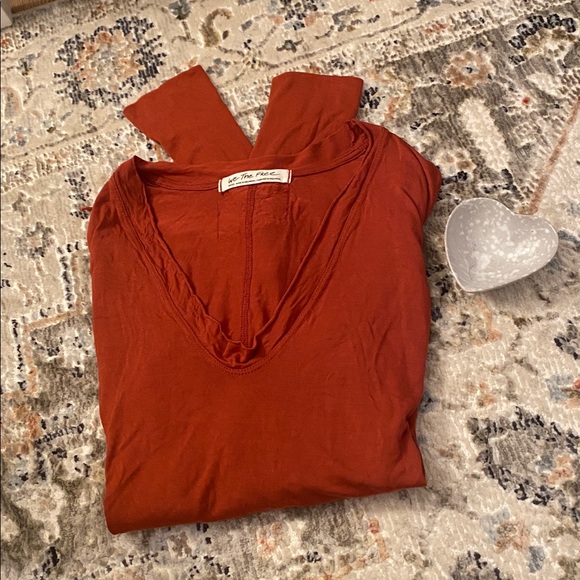 The Row Tops - Free People Women's Deep Orange V-Neck Long Sleeve Top